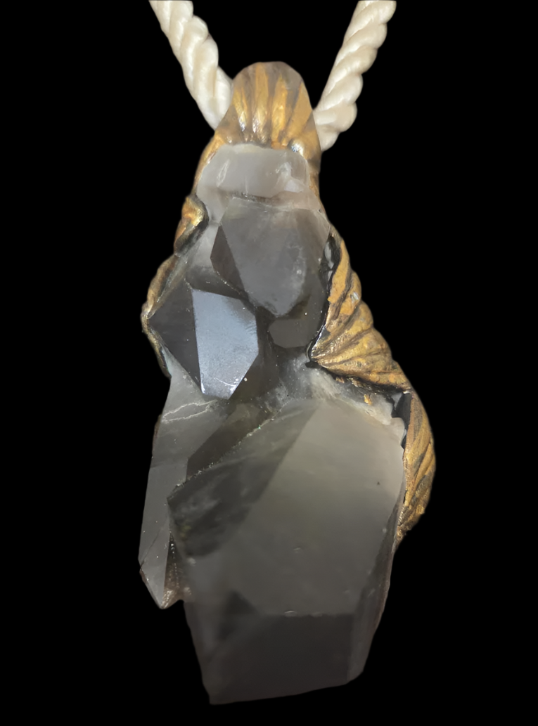 Sculpted Gemmy Smoky Quartz Pendant on an Ivory Satin Rope