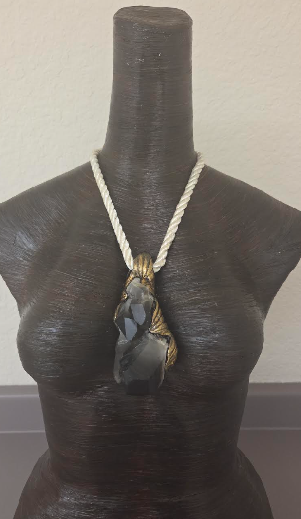 Sculpted Gemmy Smoky Quartz Pendant on an Ivory Satin Rope