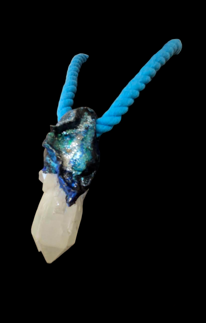 Sculpted White Record Keeper Quartz Pendant With Turquoise Rope
