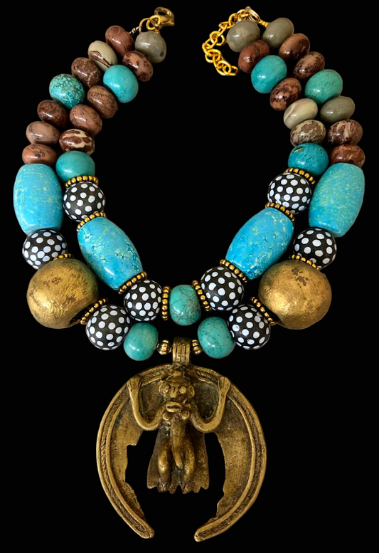 African Beaded Tribal Statement Necklace With Brass Monkey Pendant - Blue Brown & Gold Ethnic Choker
