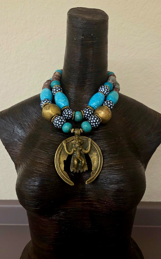 African Beaded Tribal Statement Necklace With Brass Monkey Pendant - Blue Brown & Gold Ethnic Choker