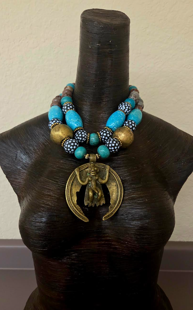 African Beaded Tribal Statement Necklace With Brass Monkey Pendant - Blue Brown & Gold Ethnic Choker