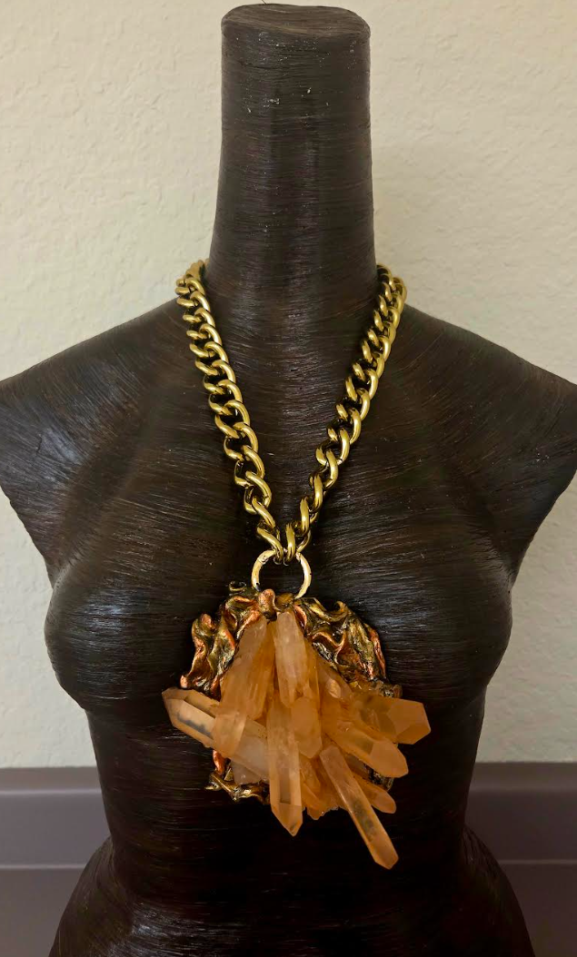 Rare Red Moroccan Quartz Cluster Sculpted Pendant with Brass Chain
