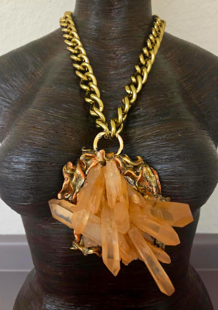Rare Red Moroccan Quartz Cluster Sculpted Pendant with Brass Chain