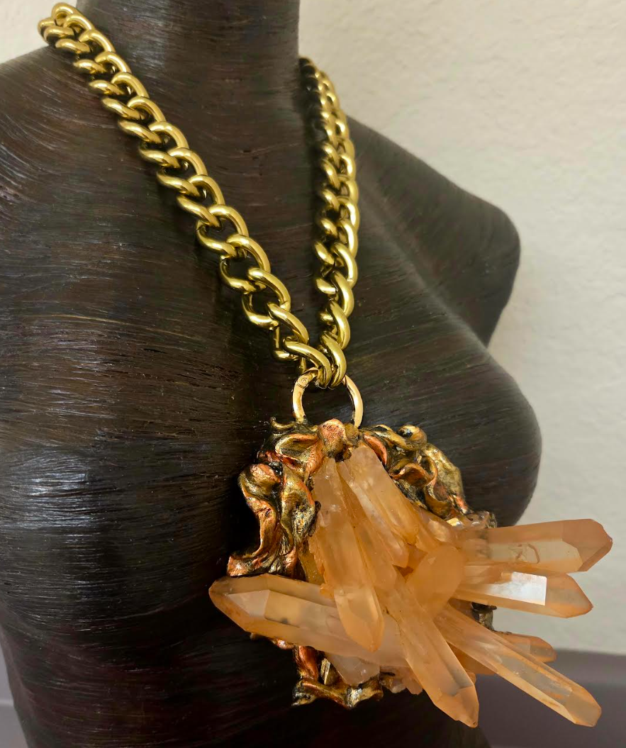 Rare Red Moroccan Quartz Cluster Sculpted Pendant with Brass Chain