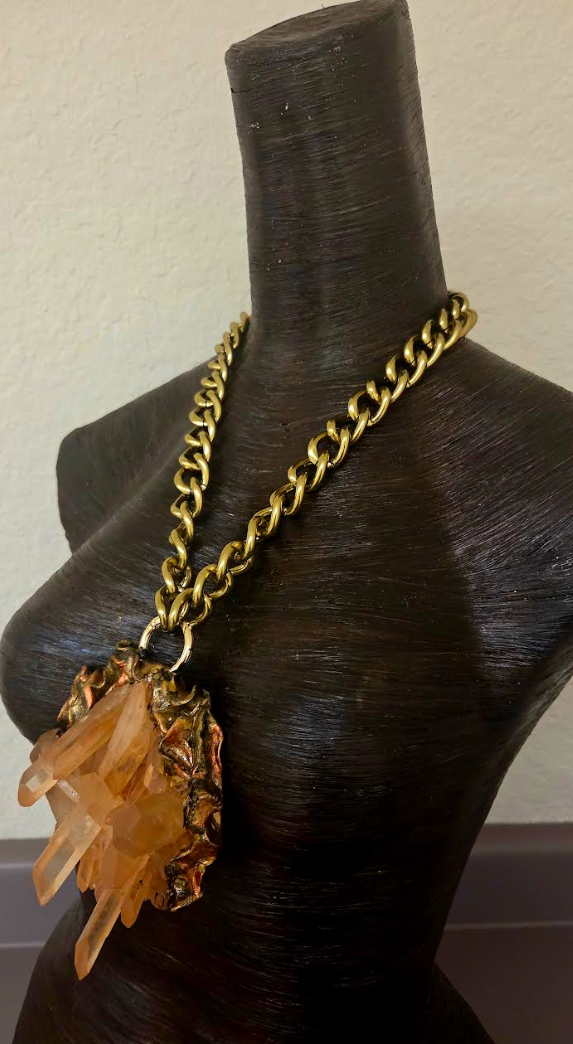 Rare Red Moroccan Quartz Cluster Sculpted Pendant with Brass Chain