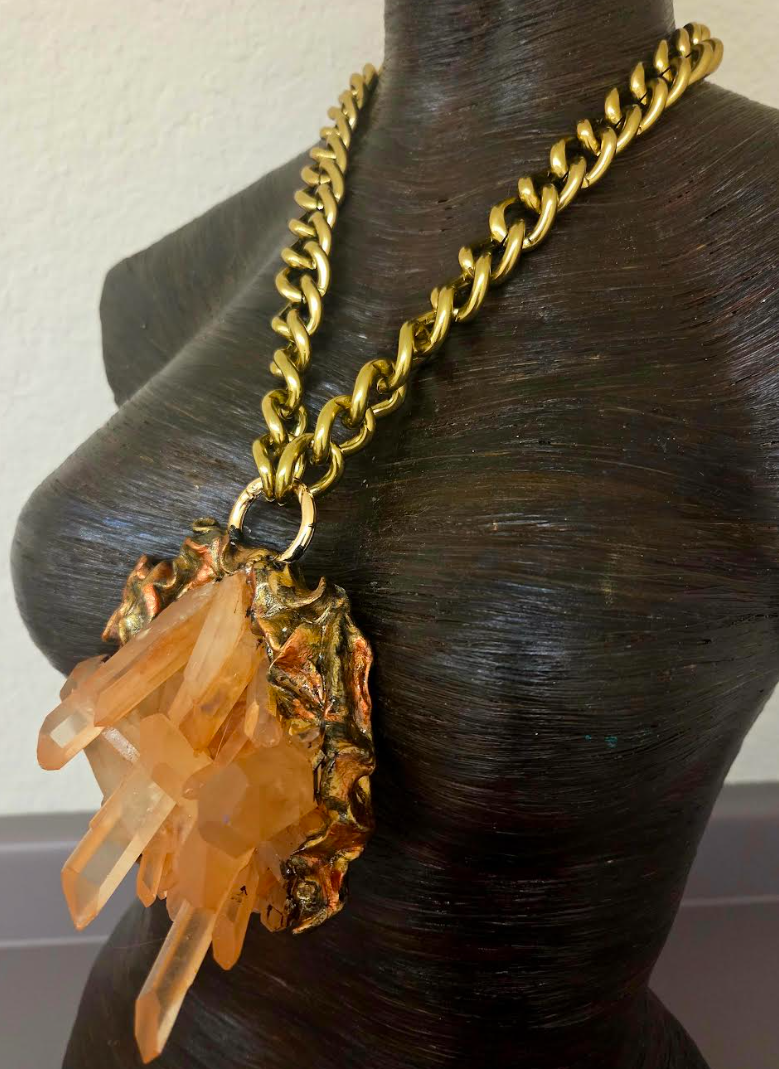 Rare Red Moroccan Quartz Cluster Sculpted Pendant with Brass Chain
