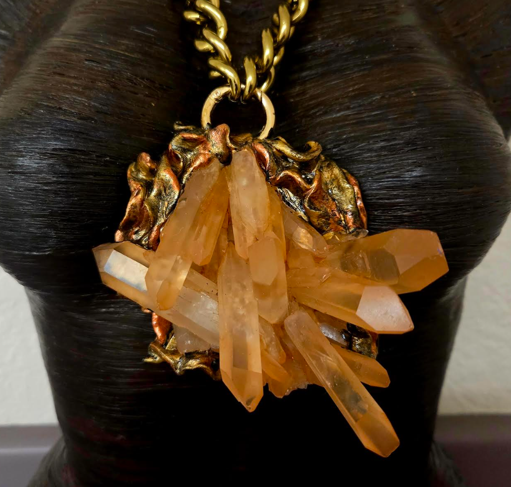 Rare Red Moroccan Quartz Cluster Sculpted Pendant with Brass Chain