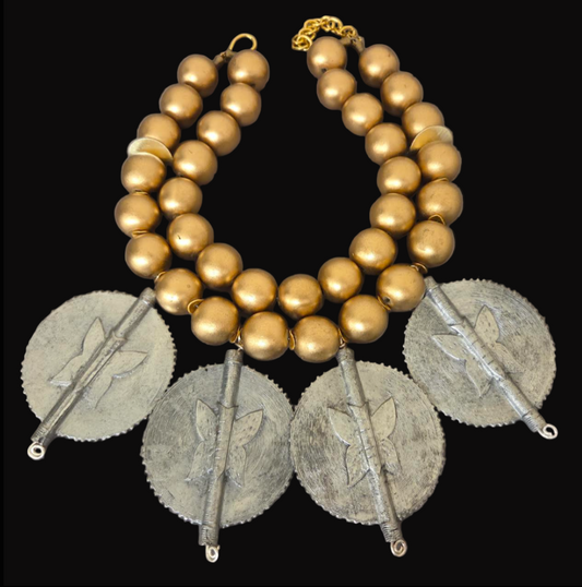 African Sun Disk Pendant Tribal Statement Necklace - Gold Metallic Wood Beaded Choker - OOAK Ethnic Neck Candy