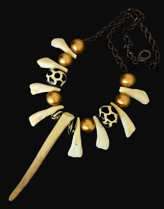 Unisex Tribal Chest Piece with Antler, Bone & Buffalo Teeth - Exotic and Wild Warrior Statement Necklace