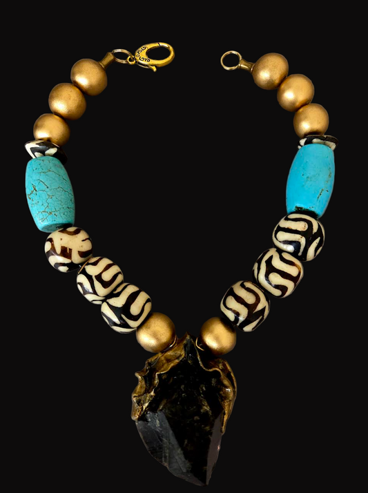 Sculpted Gemmy Smoky Quartz Pendant On A Mixed Media Beaded Necklace - Bold Chunky & Heavy Choker