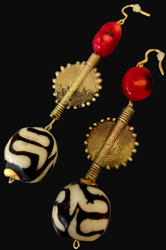 Tribal Shoulder Duster Earrings with Bone, Brass & Coral - Exotic & Wild Long Beaded Dangle Ear Candy