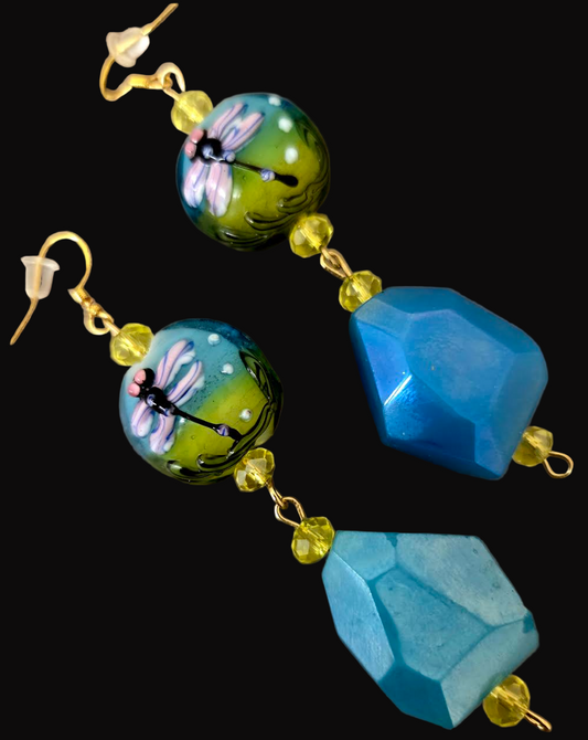 Dragonfly Motif Lampwork Beaded Pierced Earrings - Blue Green & Yellow Drop Earrings - Unique Gift for Her