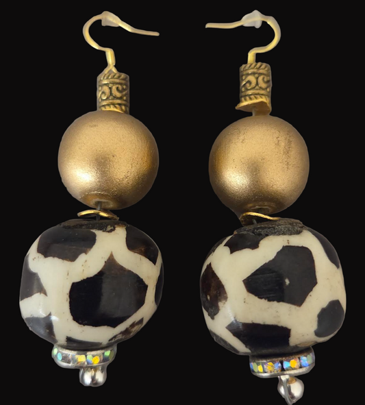 Batik Bone & Gold Metallic Beaded Pierced Earrings - Africal Tribal Inspired Dangle Ear Candy