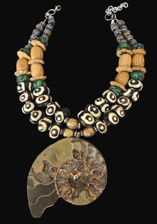 Ammonite Zebu Batik Bone & Wood Unisex Chest Piece - OOAK Wearable Art
