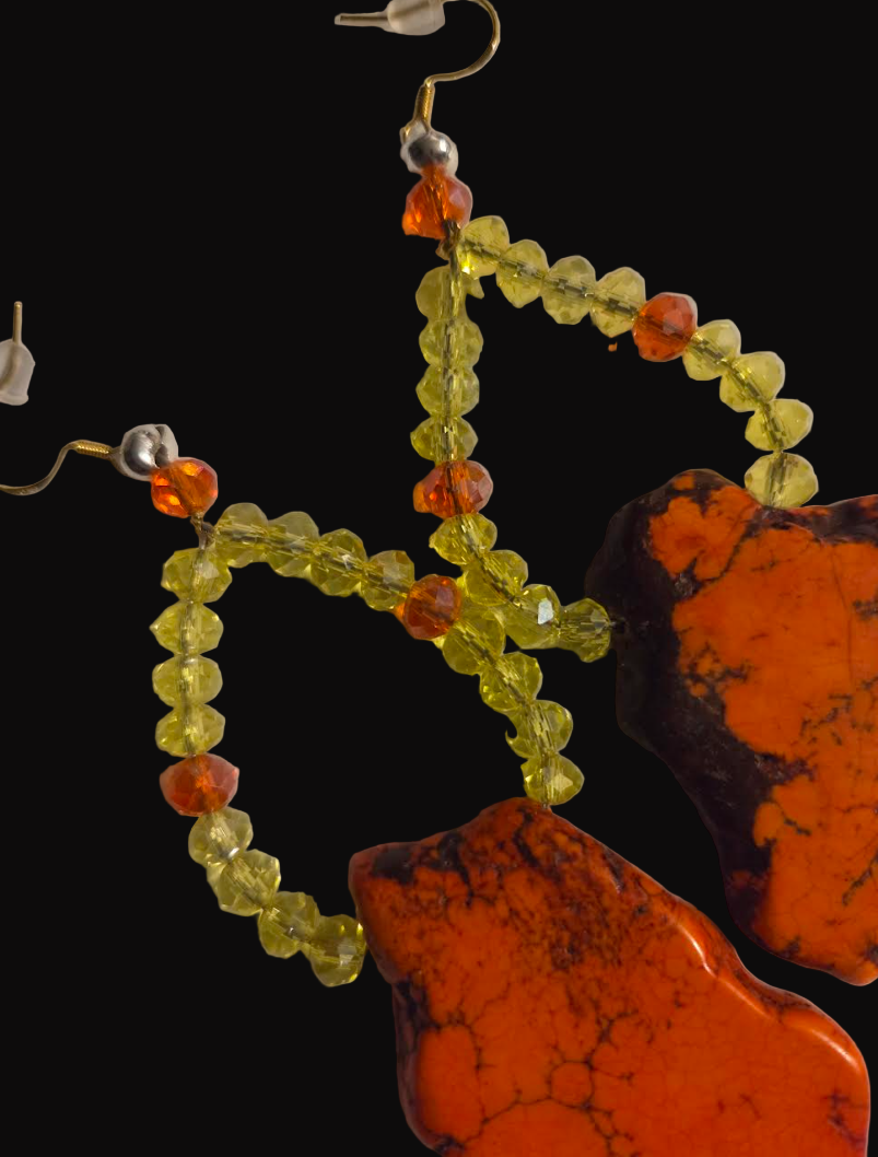 Orange Sea Sediment Slab Pierced Earrings - Slab & Crystal Shoulder Dusters - Autumn Ear Candy