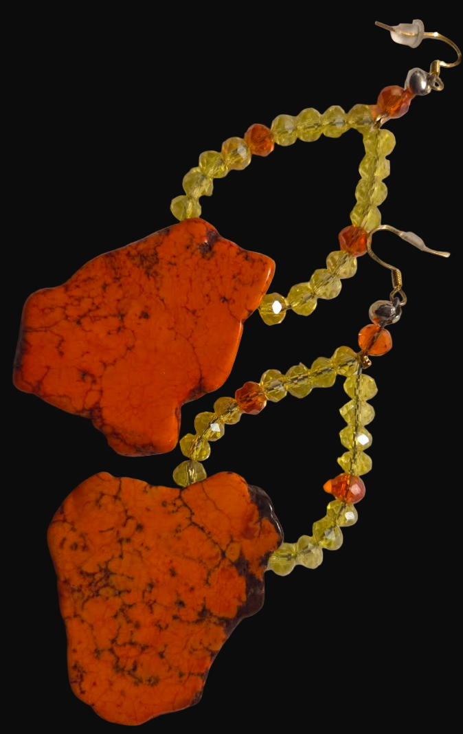 Orange Sea Sediment Slab Pierced Earrings - Slab & Crystal Shoulder Dusters - Autumn Ear Candy