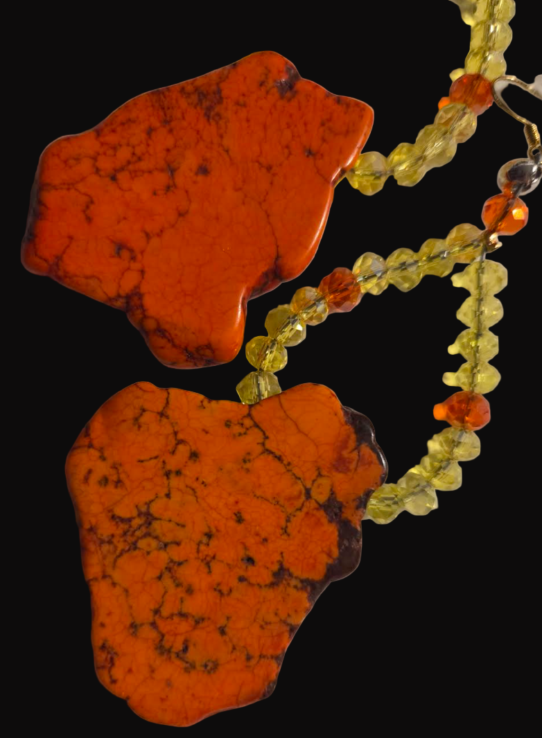 Orange Sea Sediment Slab Pierced Earrings - Slab & Crystal Shoulder Dusters - Autumn Ear Candy