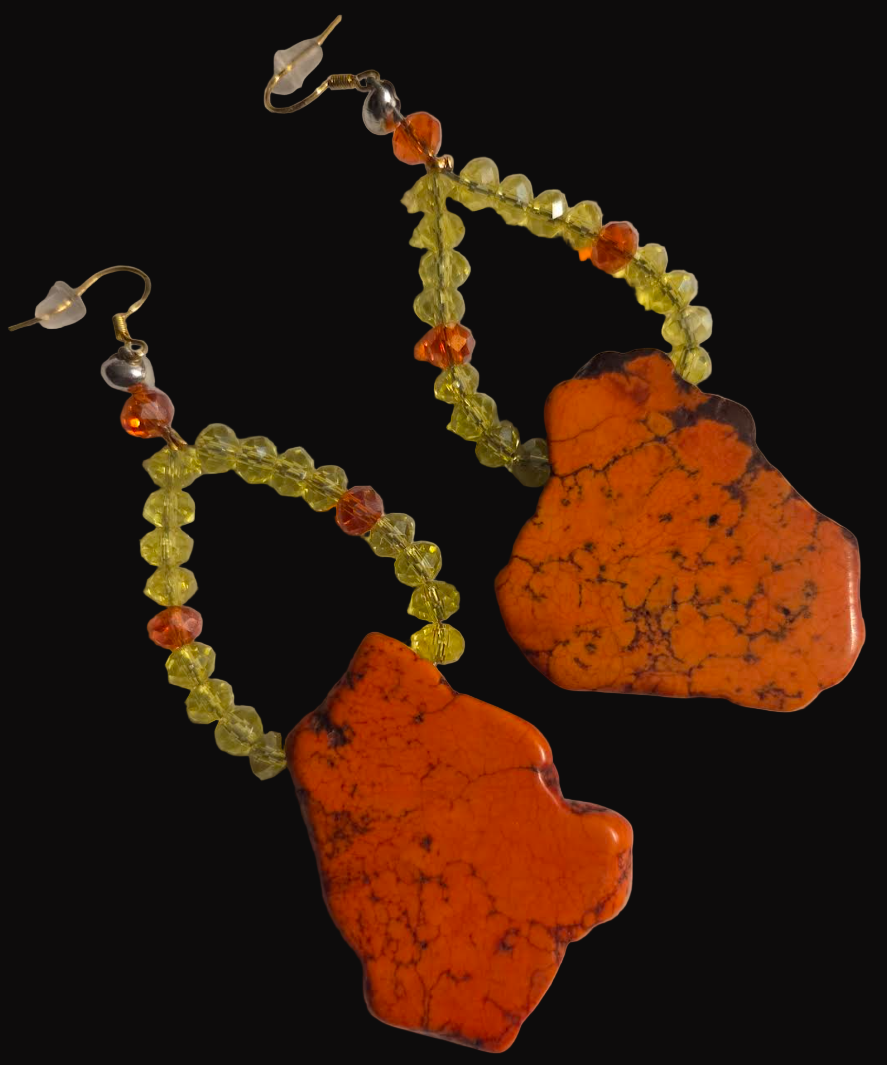 Orange Sea Sediment Slab Pierced Earrings - Slab & Crystal Shoulder Dusters - Autumn Ear Candy
