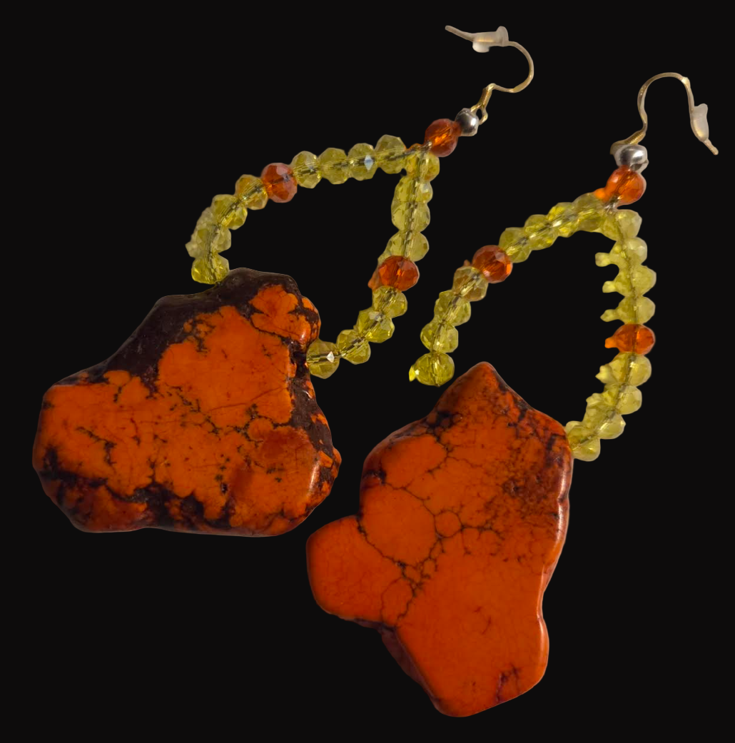 Orange Sea Sediment Slab Pierced Earrings - Slab & Crystal Shoulder Dusters - Autumn Ear Candy
