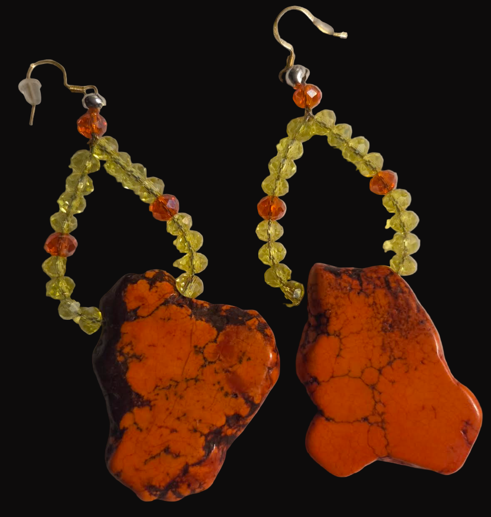 Orange Sea Sediment Slab Pierced Earrings - Slab & Crystal Shoulder Dusters - Autumn Ear Candy