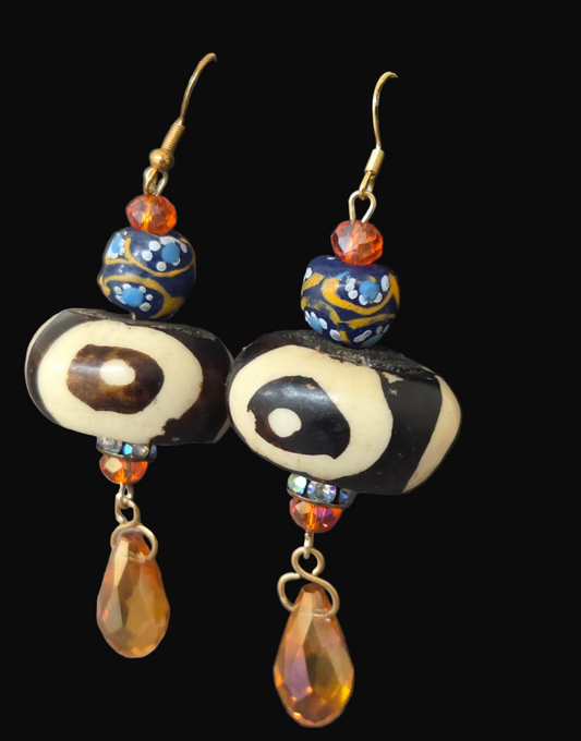 African Tribal Beaded Bone, Glass & Crystal Pierced Earrings - OOAK Wearable Art Ethnic Ear Candy