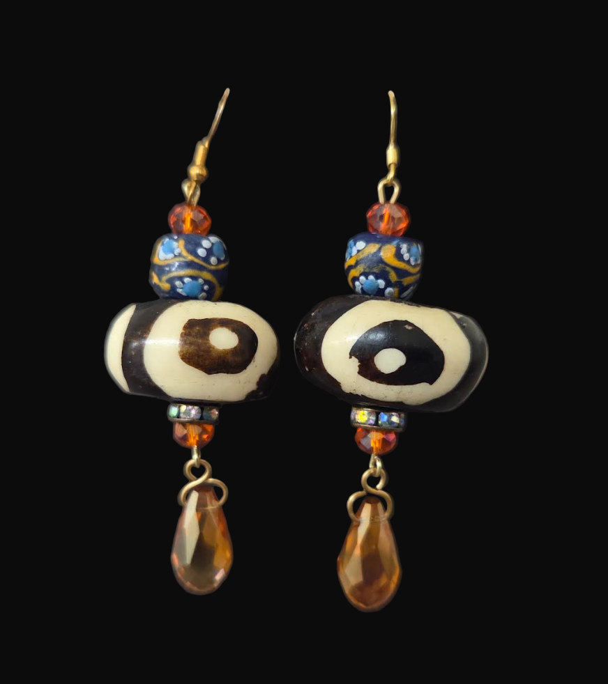 African Tribal Beaded Bone, Glass & Crystal Pierced Earrings - OOAK Wearable Art Ethnic Ear Candy