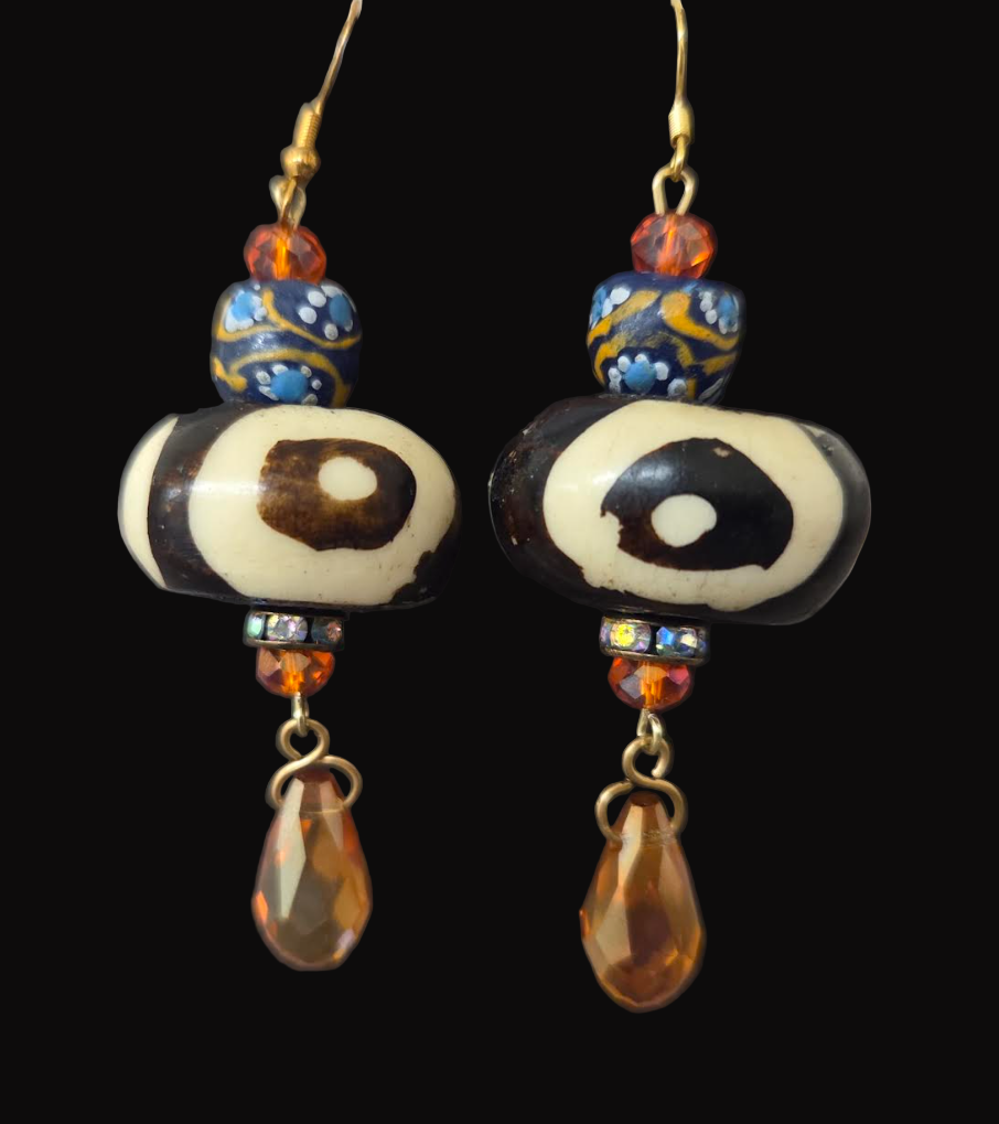 African Tribal Beaded Bone, Glass & Crystal Pierced Earrings - OOAK Wearable Art Ethnic Ear Candy