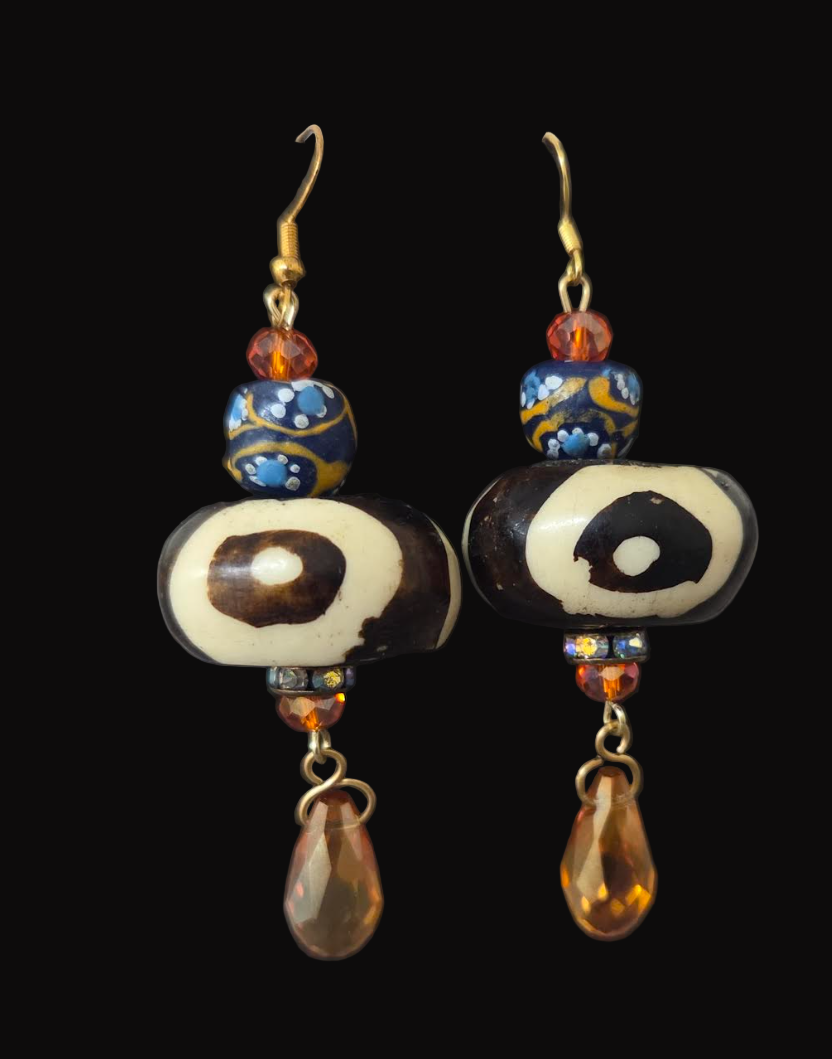 African Tribal Beaded Bone, Glass & Crystal Pierced Earrings - OOAK Wearable Art Ethnic Ear Candy