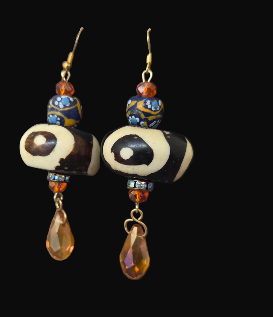 African Tribal Beaded Bone, Glass & Crystal Pierced Earrings - OOAK Wearable Art Ethnic Ear Candy