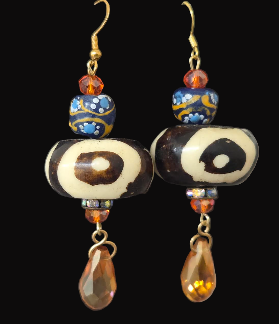 African Tribal Beaded Bone, Glass & Crystal Pierced Earrings - OOAK Wearable Art Ethnic Ear Candy