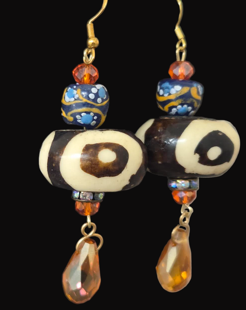 African Tribal Beaded Bone, Glass & Crystal Pierced Earrings - OOAK Wearable Art Ethnic Ear Candy