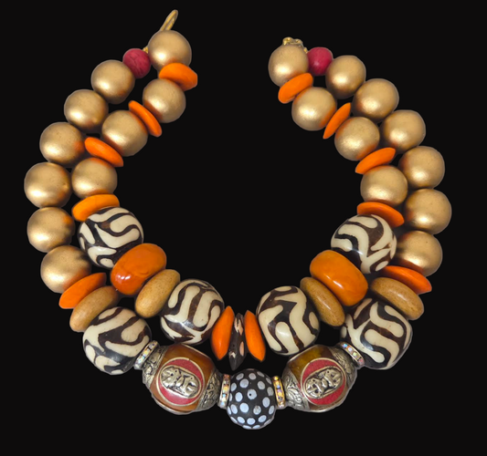Tibetan & African Oversized Beaded Double Strand Tribal Choker - Autumn Wardrobe Ethnic Choker from Kat Kouture