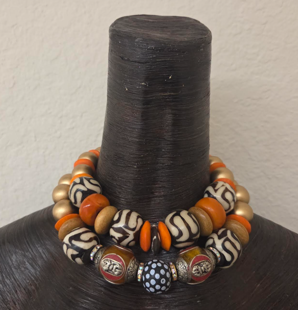 Tibetan & African Oversized Beaded Double Strand Tribal Choker - Autumn Wardrobe Ethnic Choker from Kat Kouture
