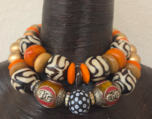 Tibetan & African Oversized Beaded Double Strand Tribal Choker - Autumn Wardrobe Ethnic Choker from Kat Kouture