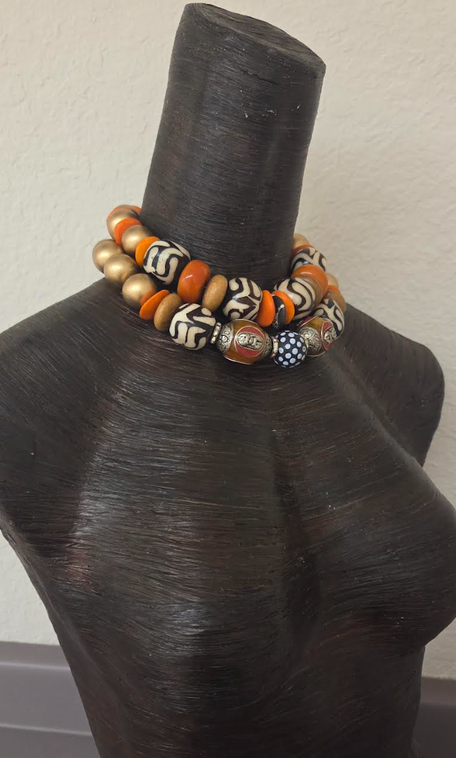 Tibetan & African Oversized Beaded Double Strand Tribal Choker - Autumn Wardrobe Ethnic Choker from Kat Kouture
