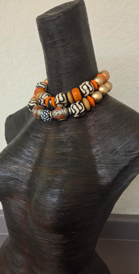 Tibetan & African Oversized Beaded Double Strand Tribal Choker - Autumn Wardrobe Ethnic Choker from Kat Kouture