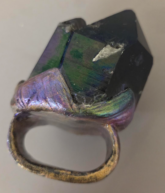Rough Titanium Quartz Oversized Two Finger Sculpted Ring - Unisex