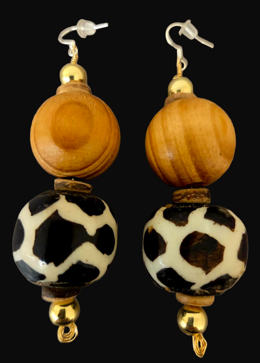 Bold Beaded African Batik Tribal Dangle Pierced Earrings - OOAK Art