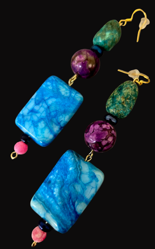 Colorful Beaded Mixed Gemstone Dangle Pierced Earrings - Bold OOAK