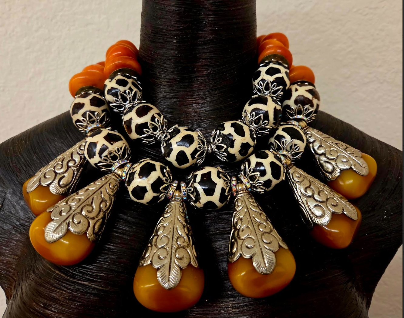 African Tibetan Oversized Batik Bone Tribal Statement Necklace with Teardrop Resin Pendants