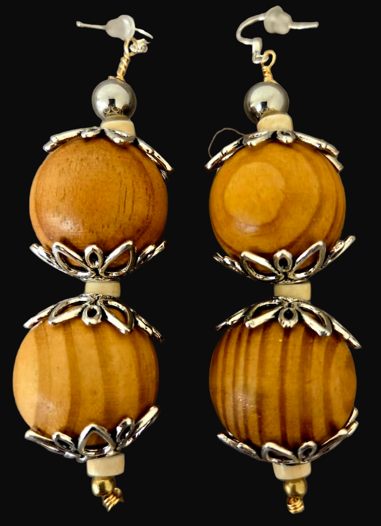 Oversized Blonde Wood Beaded Dangle Pierced Earrings - Earth Tone