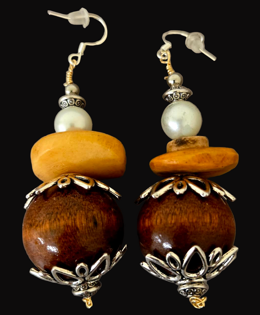 Wood Bone & Faux Pearl Beaded Pierced Earrings - Bold and Chunky