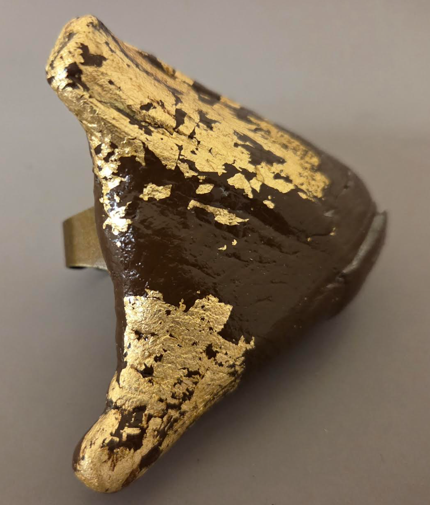 Adjustable Glossy Brown Driftwood Statement Ring with Gold Leaf -  Unisex