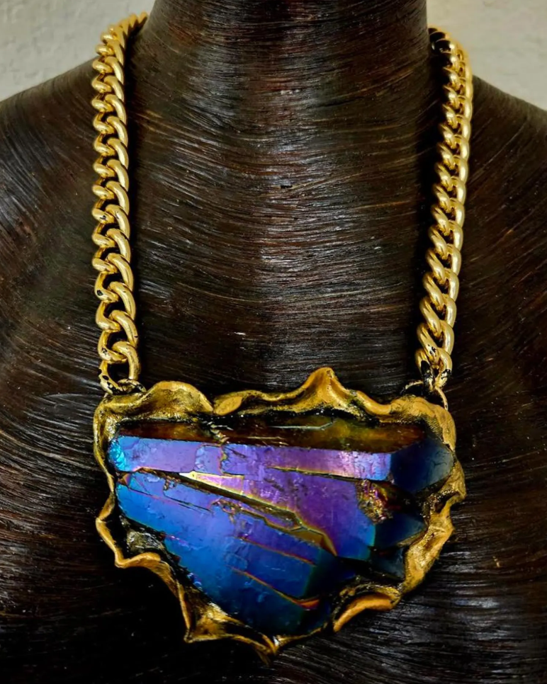 Sculpted Rainbow Quartz Pendant for Men or Women - Flashy OOAK Art