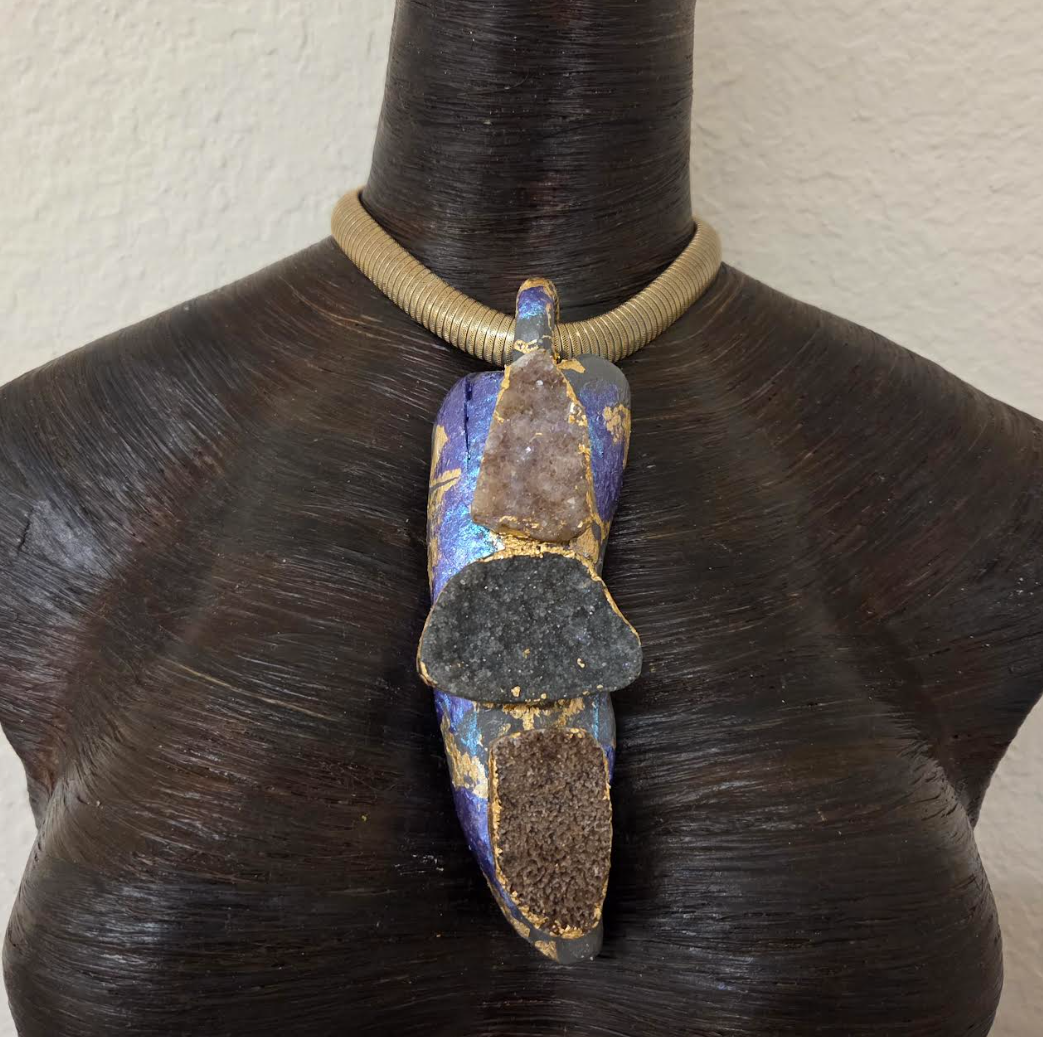 Driftwood & Druzy Totem Statement Pendant - Androgynous Style