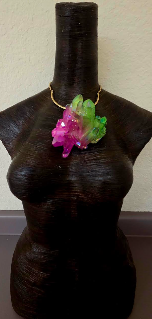 Fuchsia & Lime Green Rough Aura Quartz Pendant on a Hammered Gold Tone Torc