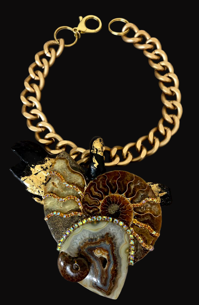 Ammonite, Gold Foil Driftwood & Druzy Agate Statement Pendant on a Bold Gold Tone Chain