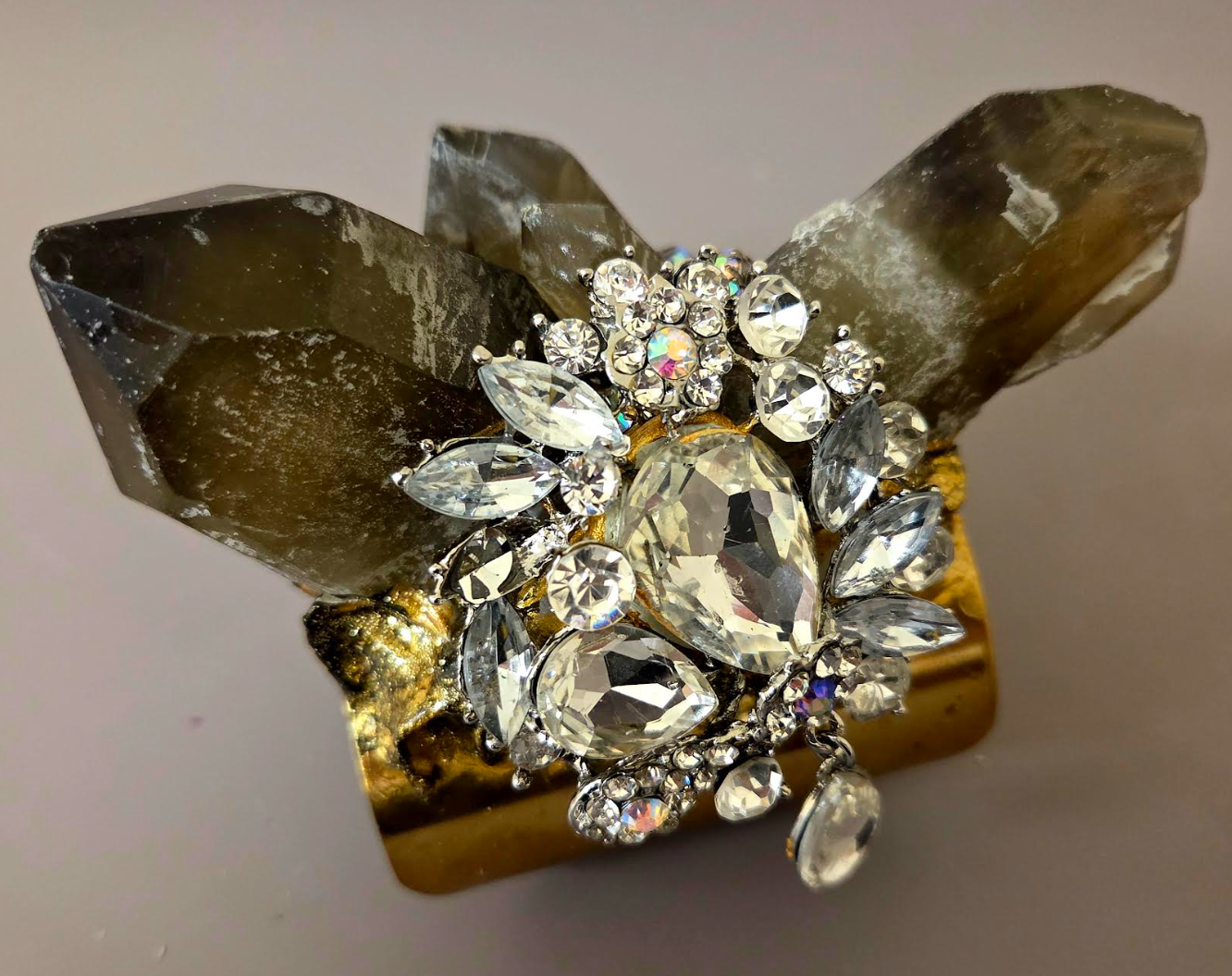 Smoky Quartz Rhinestone Brass Cuff - Luxury Glamour
