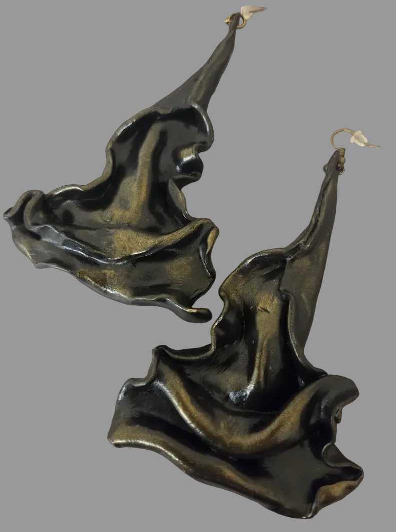Avant Garde Faux Bronze Sculpted Architectural Pierced Earrings - OOAK